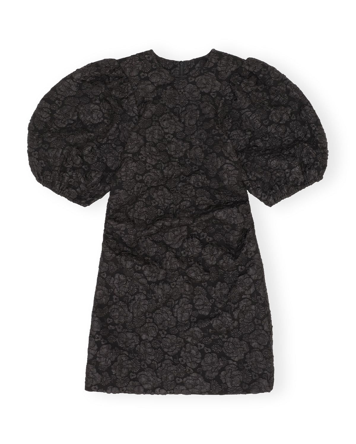 Stretch Jacquard Puff Sleeves Mini Dress - Black