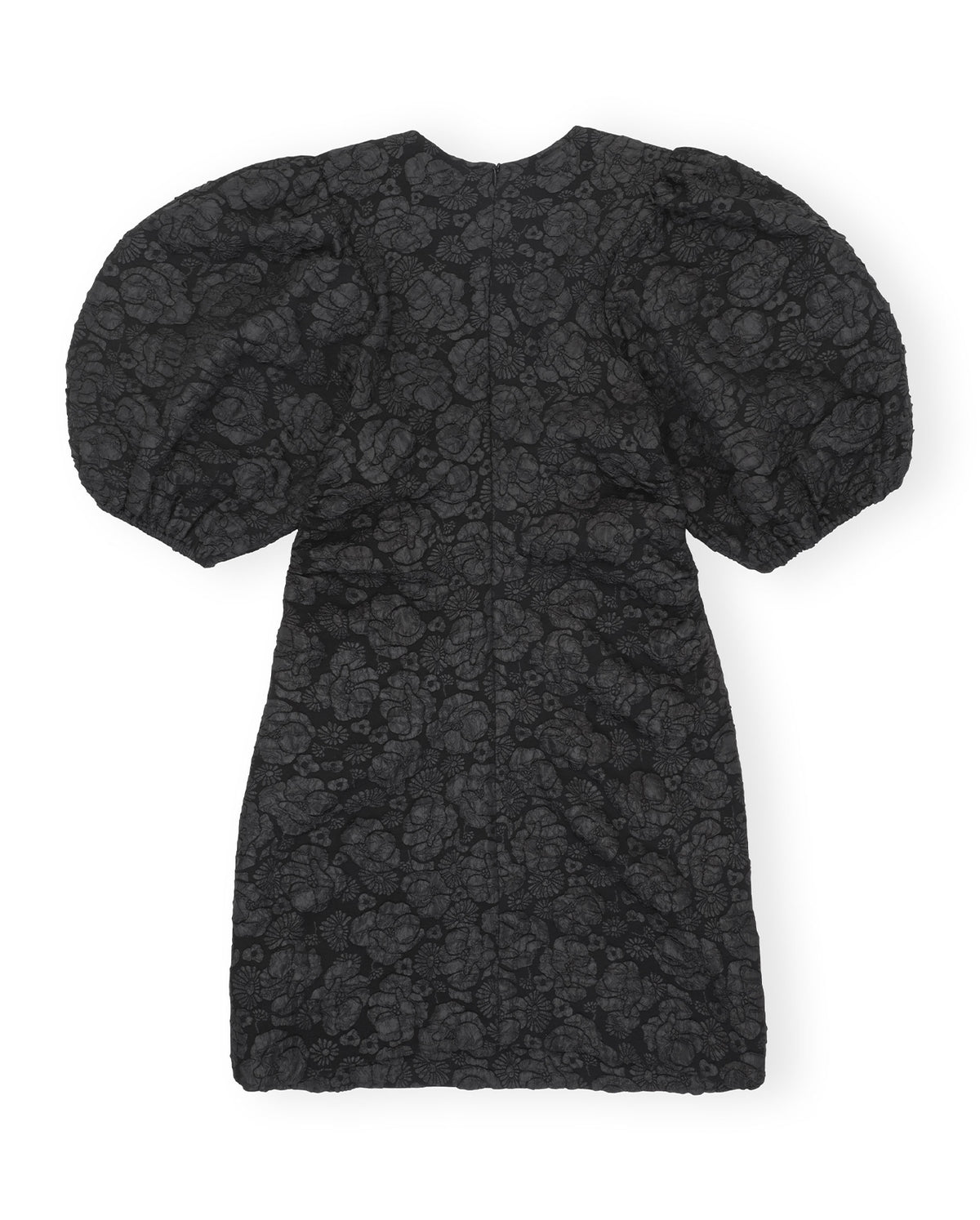 Stretch Jacquard Puff Sleeves Mini Dress - Black