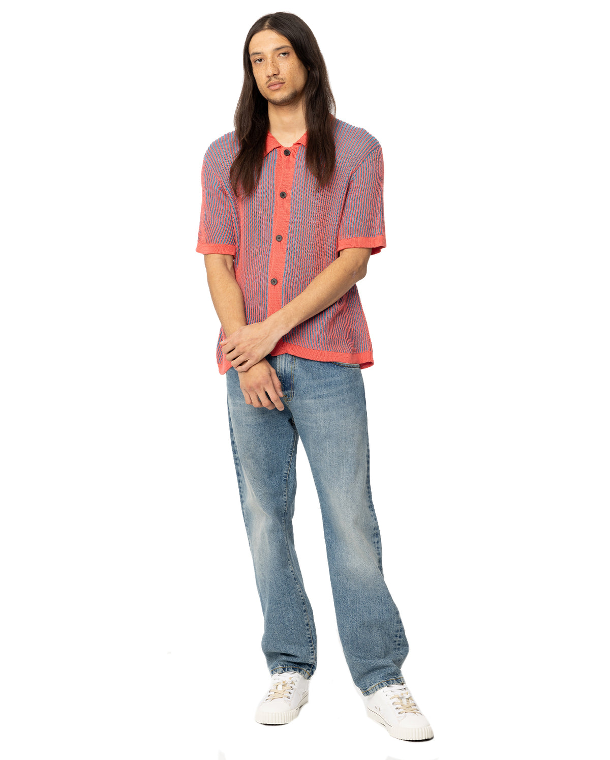 Plated Rib Knit Button Up Short Sleeve Shirt - Pink
