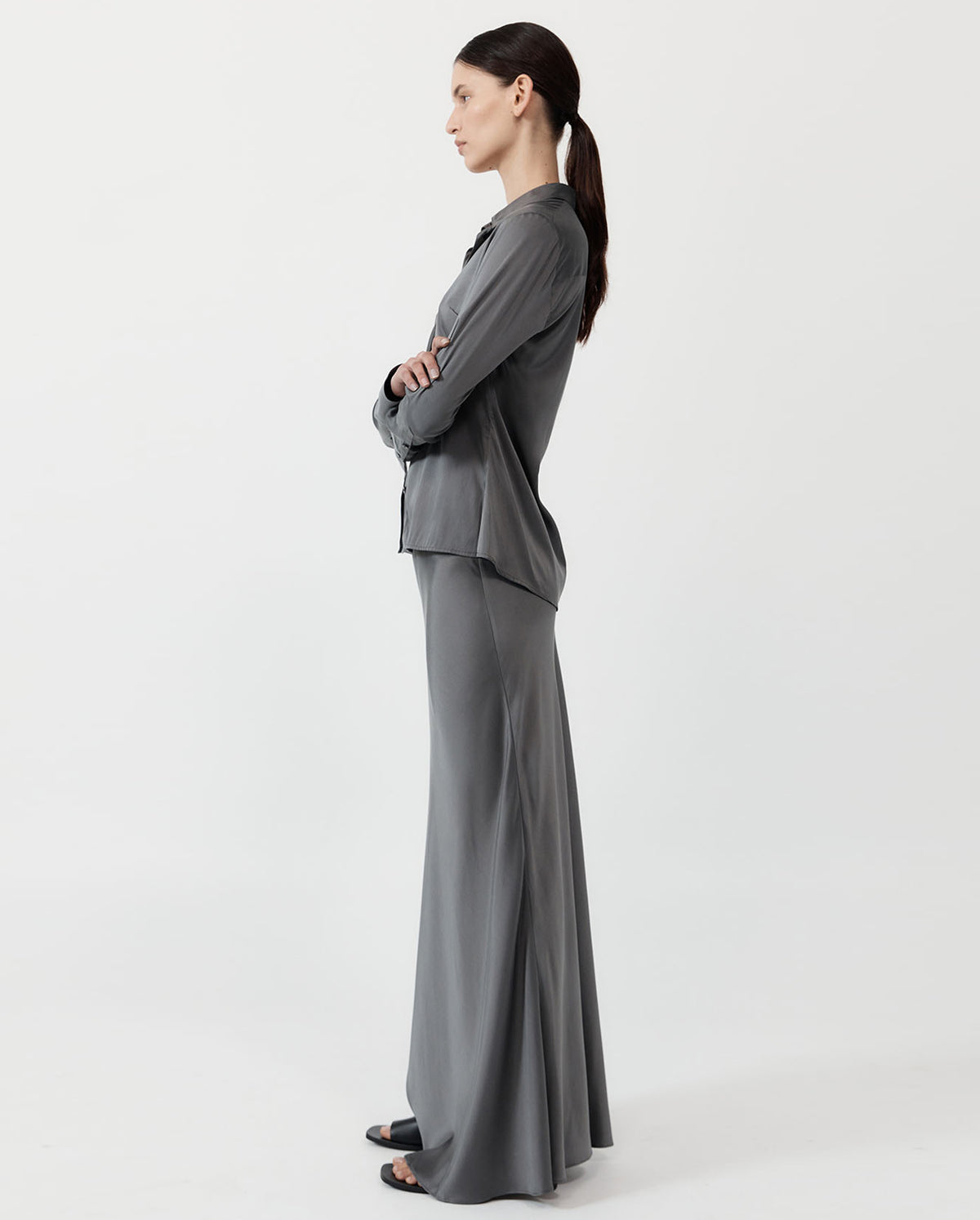 Soft Silk Maxi Skirt - Pewter Grey