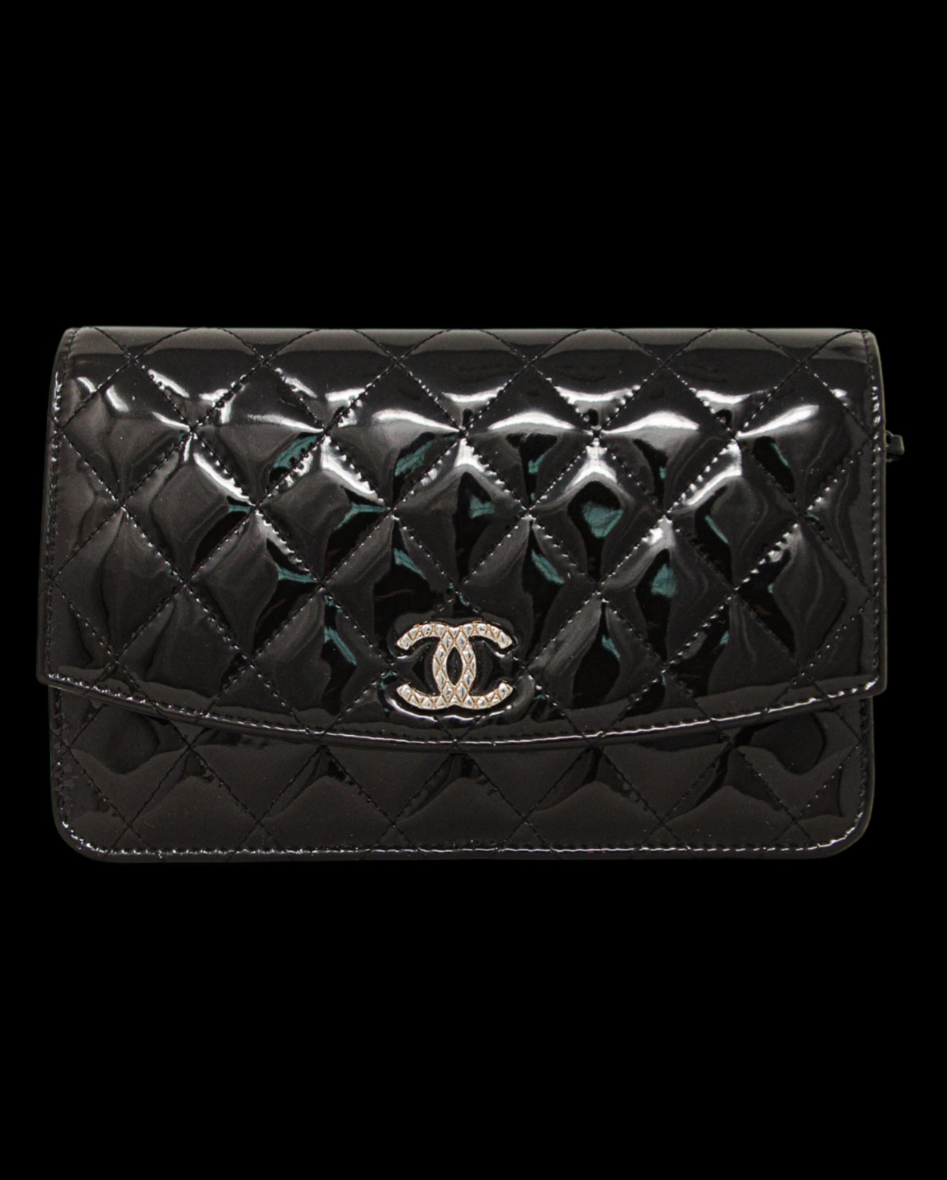 chanel patent leather wallet on chain black