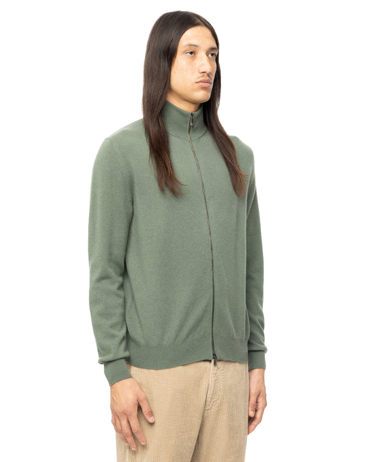Noel High Neck Full Zip Cashmere Sweater - Salvia