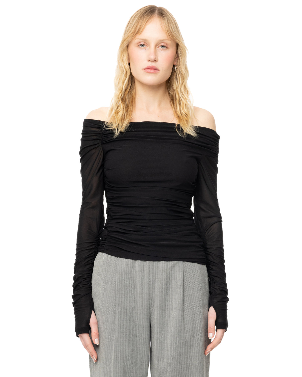 Ruched Crepe Asymmetrical Top - Black