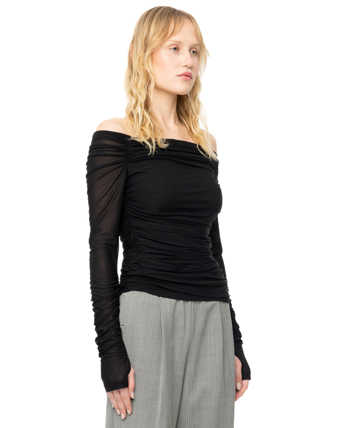 Ruched Crepe Asymmetrical Top - Black