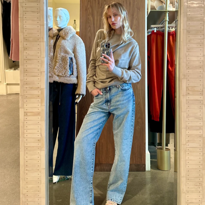 Image from IG Mirror Selfie in Long Sleeve Top and Light Wash Jeans