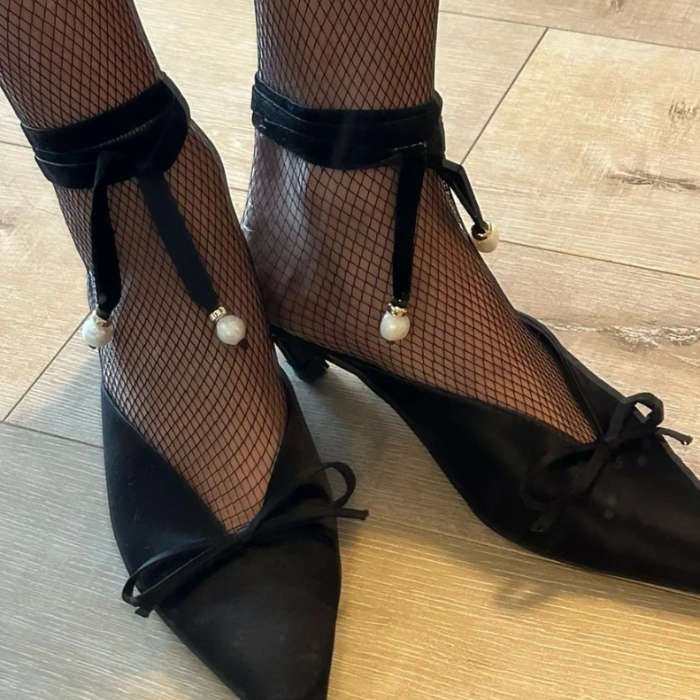 Image from IG Women's Feet wearing Black Kitten Heels with Bow and Ankle Ties