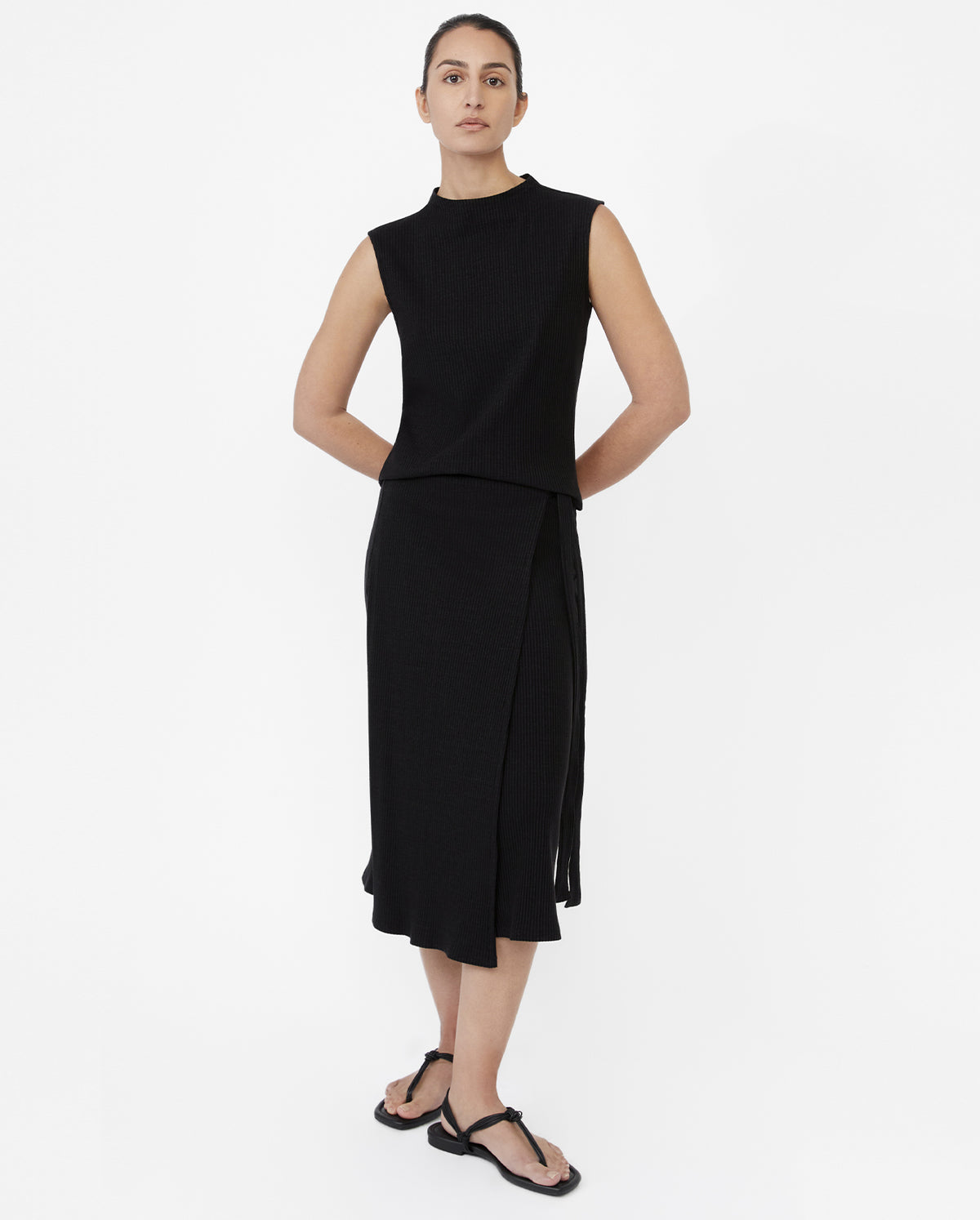 Modal Ribbed Side Twist Midi Slit Skirt - Black