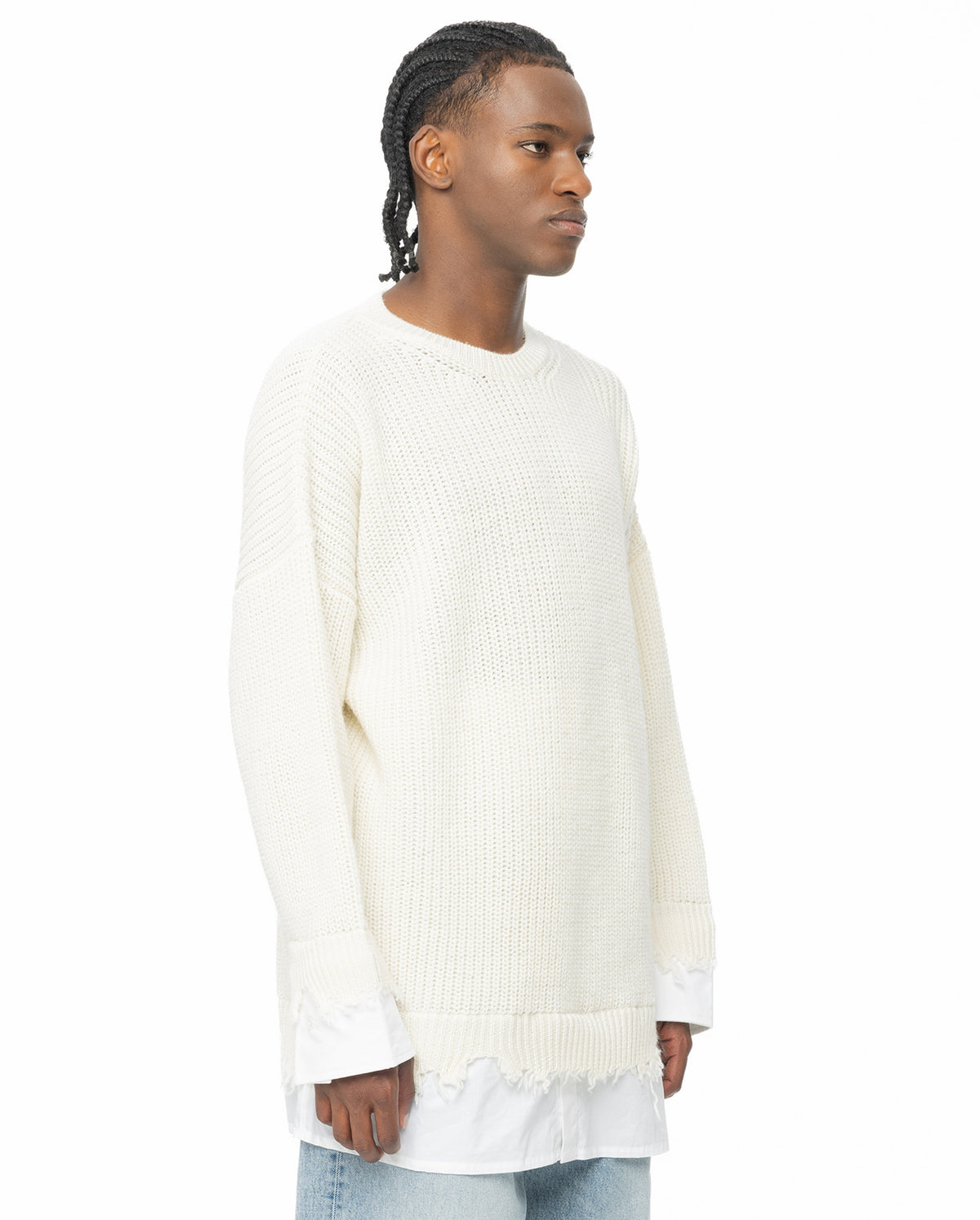 Rib Knit Crew Sweater With Poplin Hem