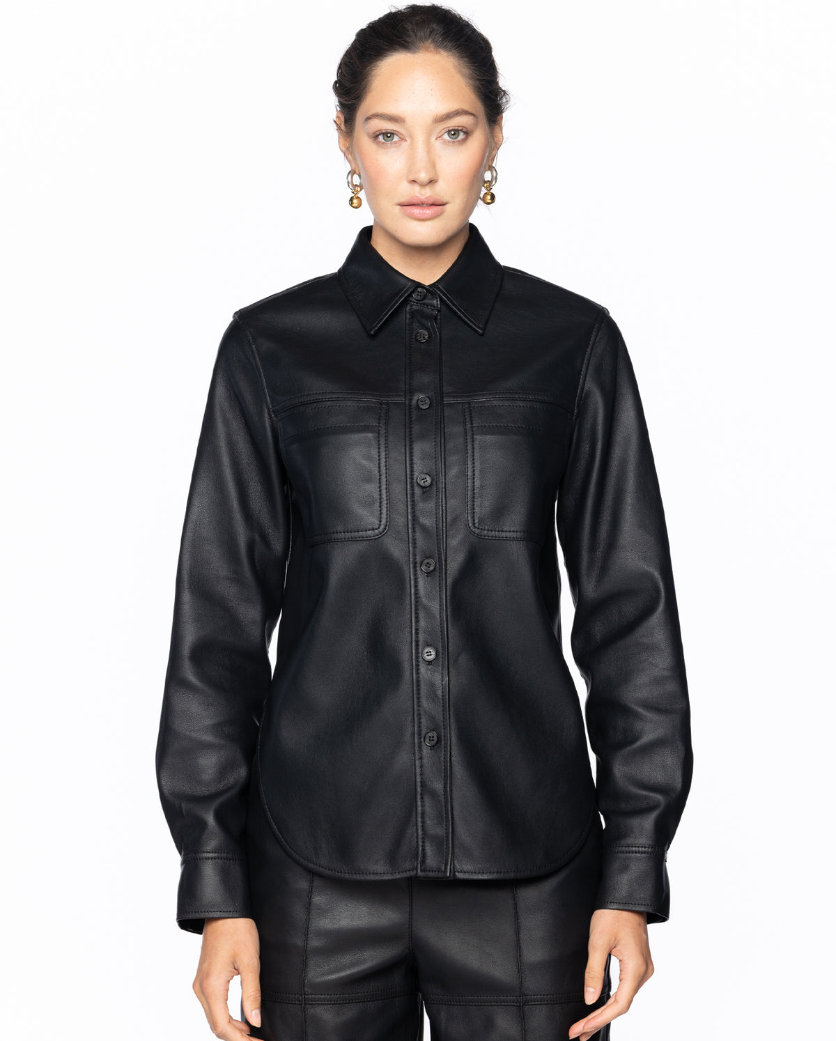 Faux Leather Side Slit Shirt - Black