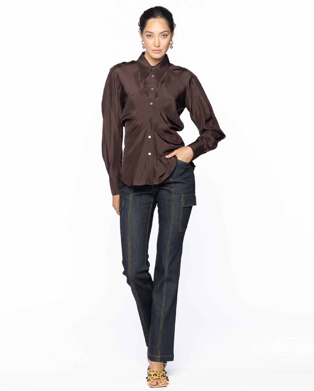 Silk Shirring Slim Fit Shirt - Brown