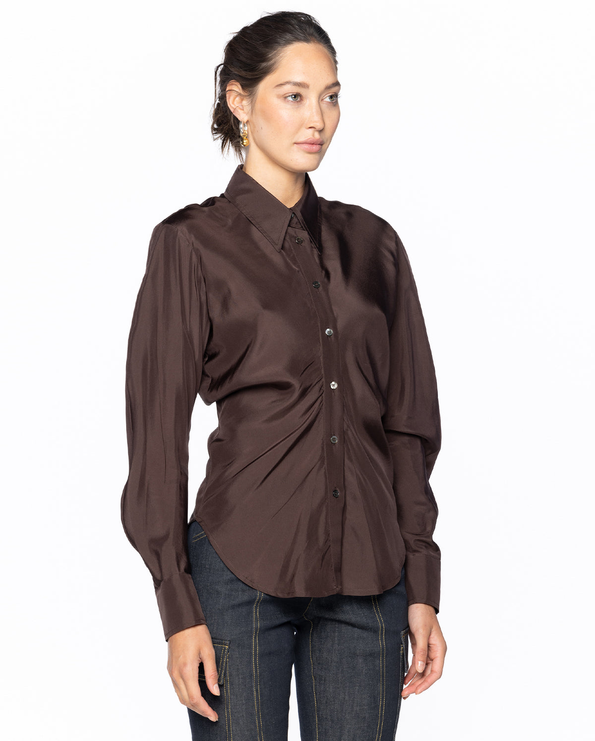 Silk Shirring Slim Fit Shirt - Brown