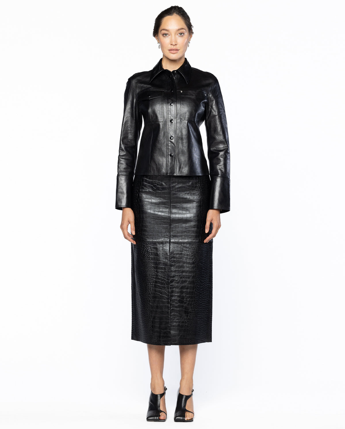 Embossed Leather Midi Skirt - Black