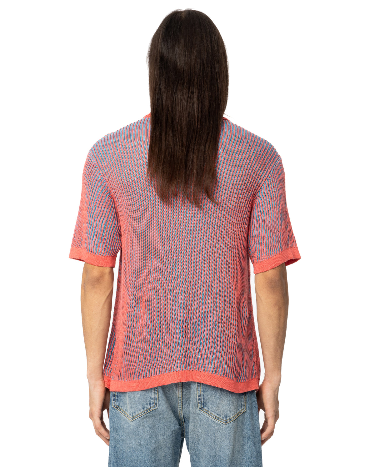 Plated Rib Knit Button Up Short Sleeve Shirt - Pink