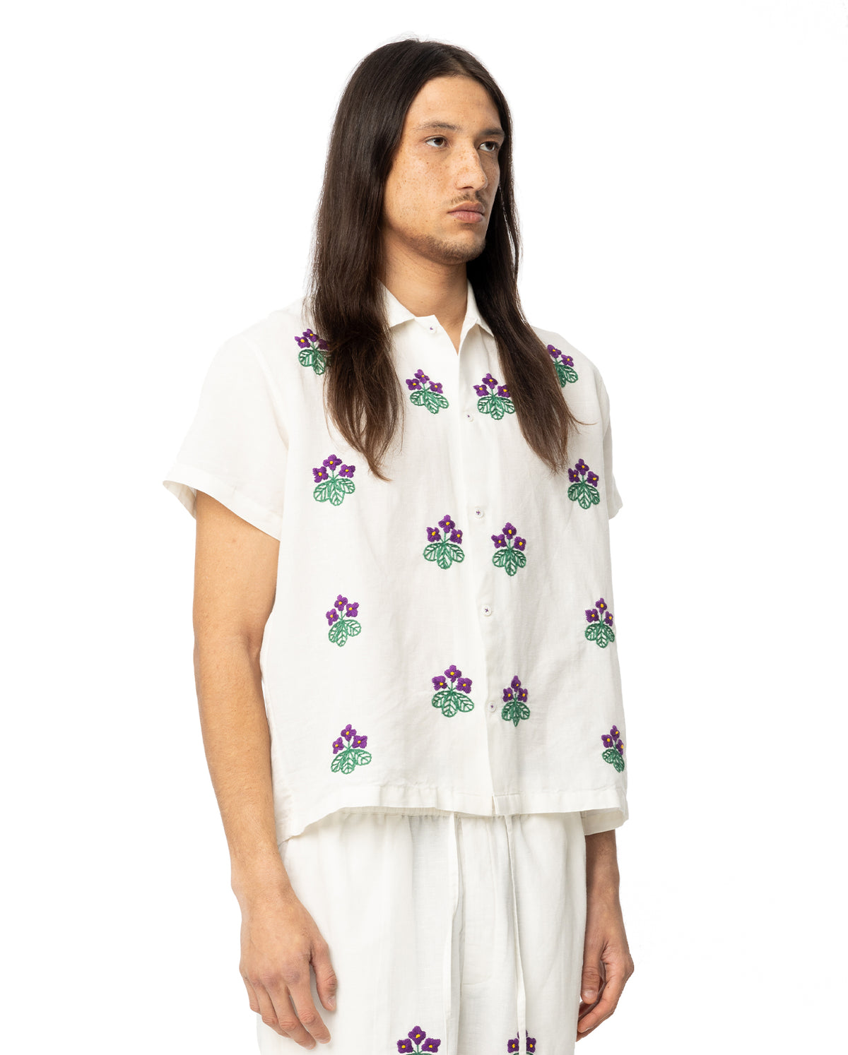Embroidered Floral Short Sleeve Shirt - White