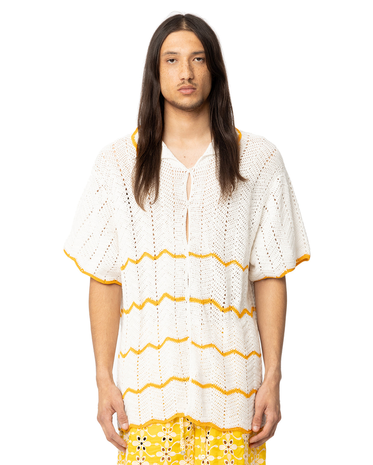 Crochet Short Sleeve Shirt With Zig Zag - White