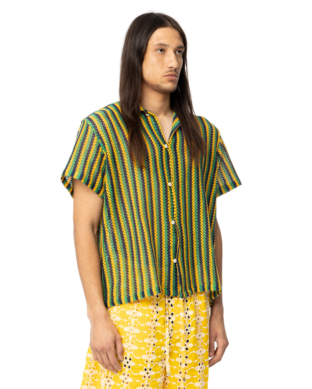 Striped Crochet Short Sleeve Shirt - Green