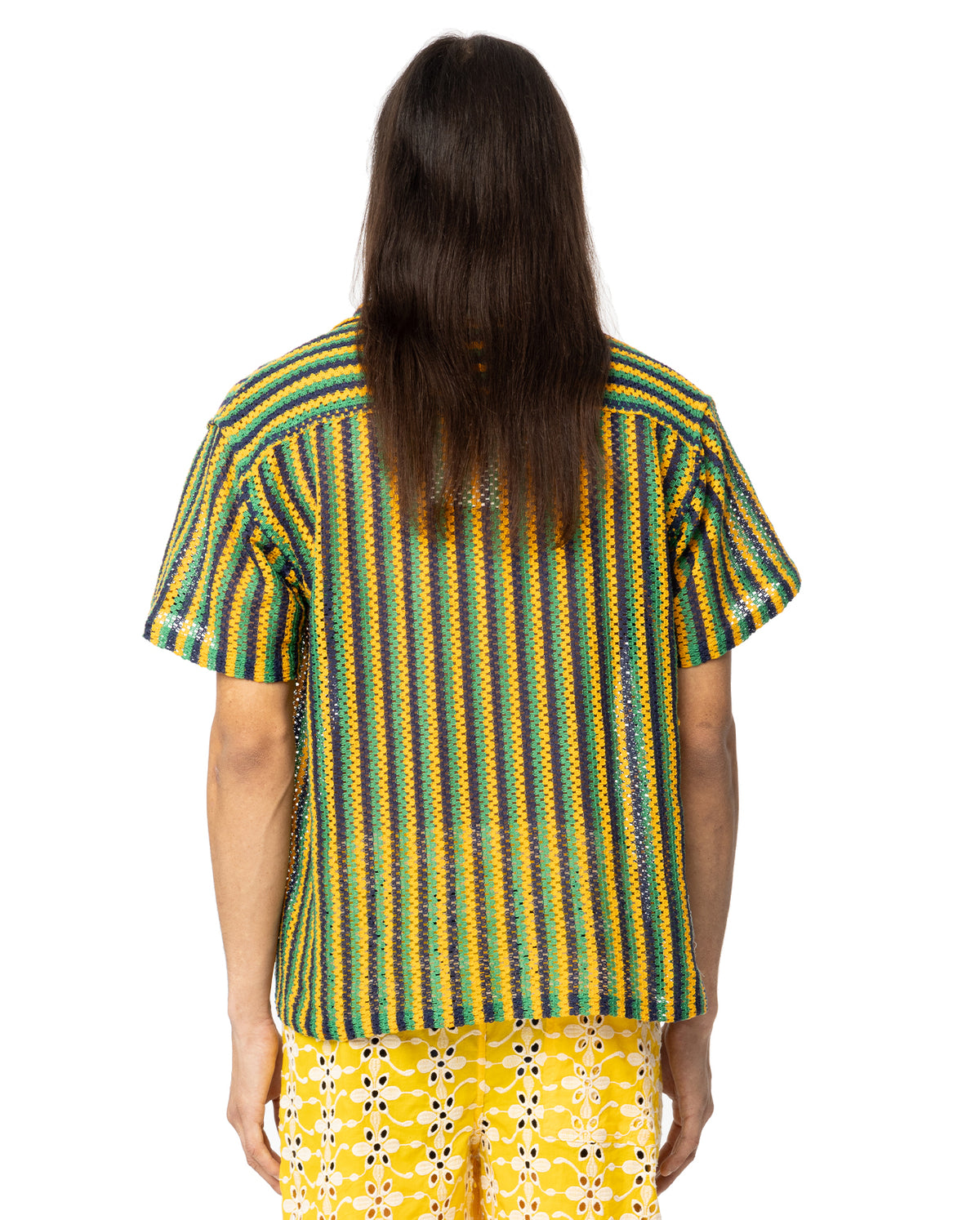 Striped Crochet Short Sleeve Shirt - Green