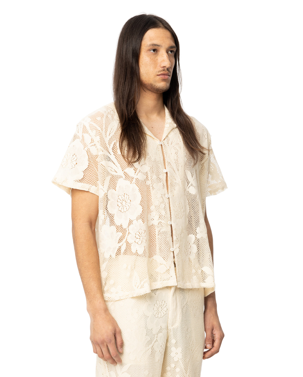 Floral Lace Short Sleeve Shirt - Off White
