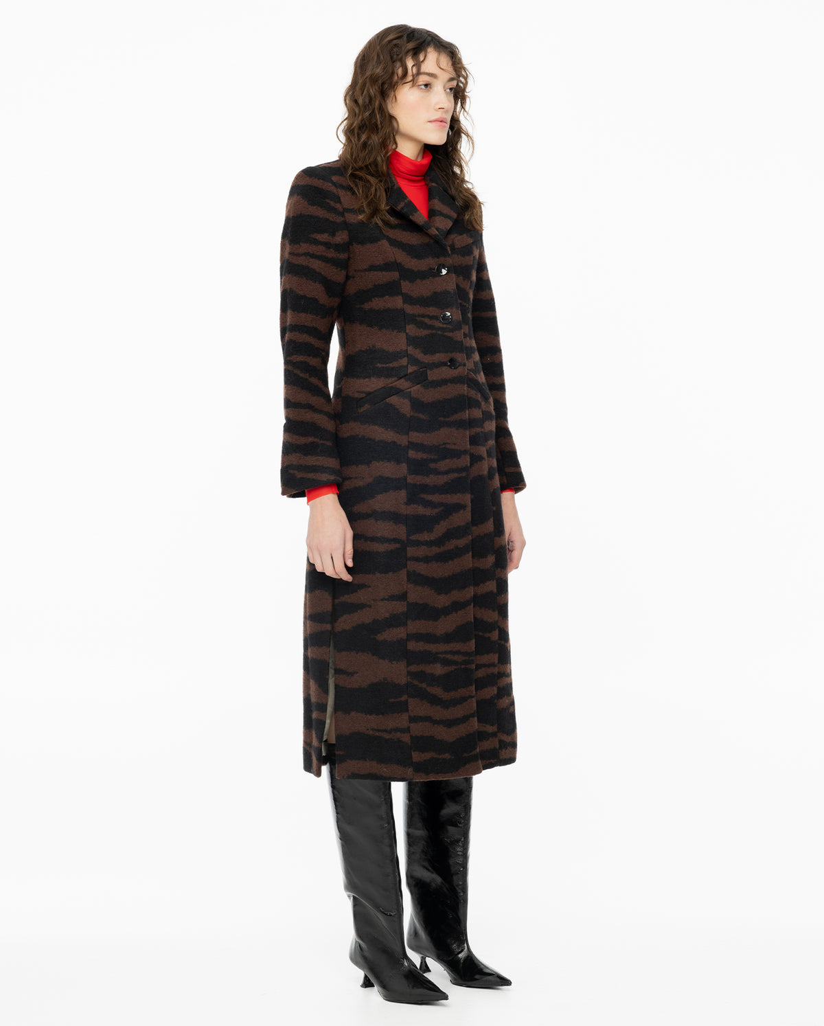 Wool Jacquard Fitted Coat - Black