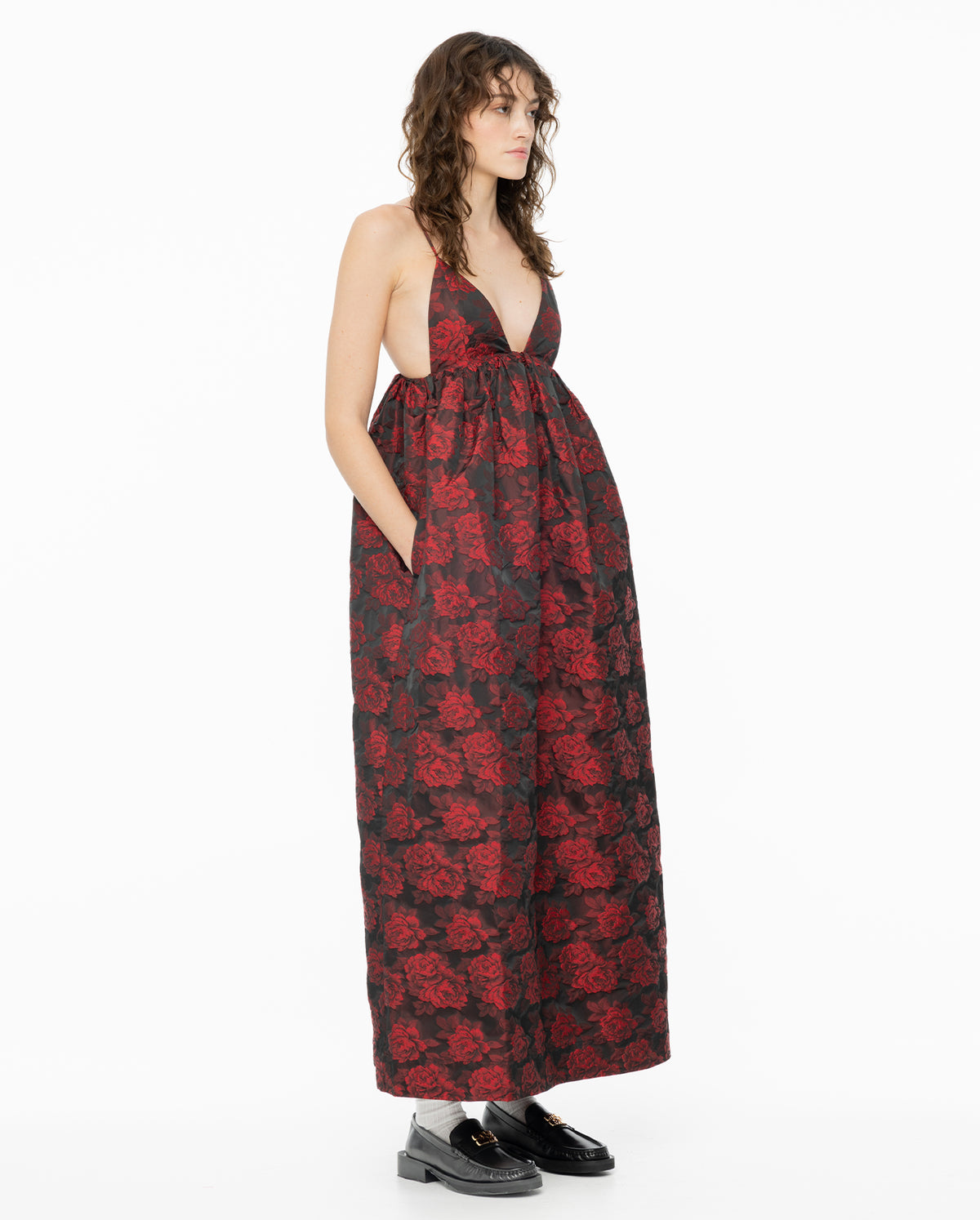 Botanical Jacquard Long Strap Dress - High Risk Red