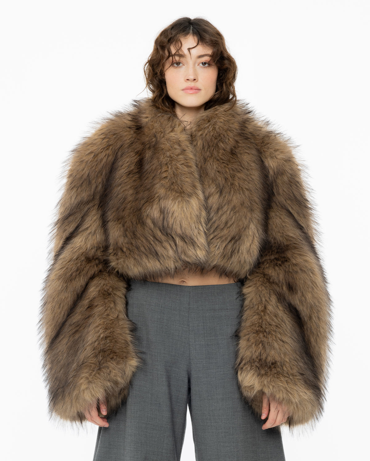 Round Sleeve Cropped Faux Fur Jacket