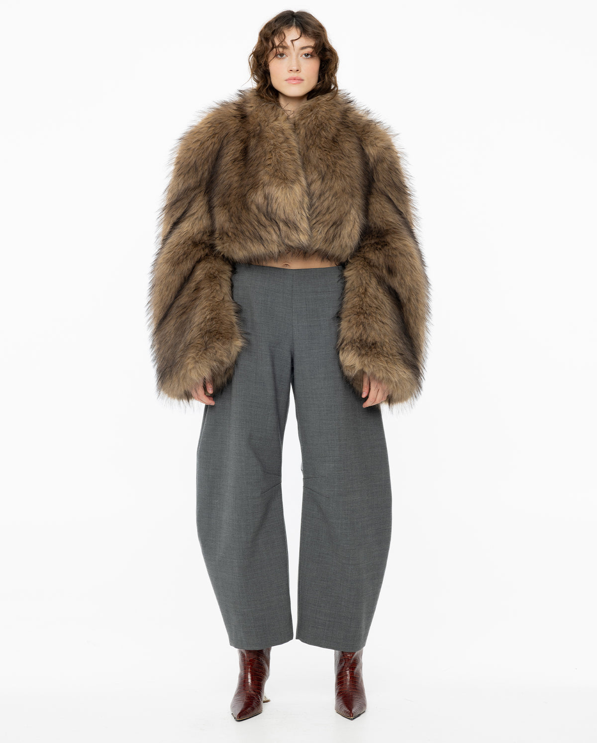 Round Sleeve Cropped Faux Fur Jacket