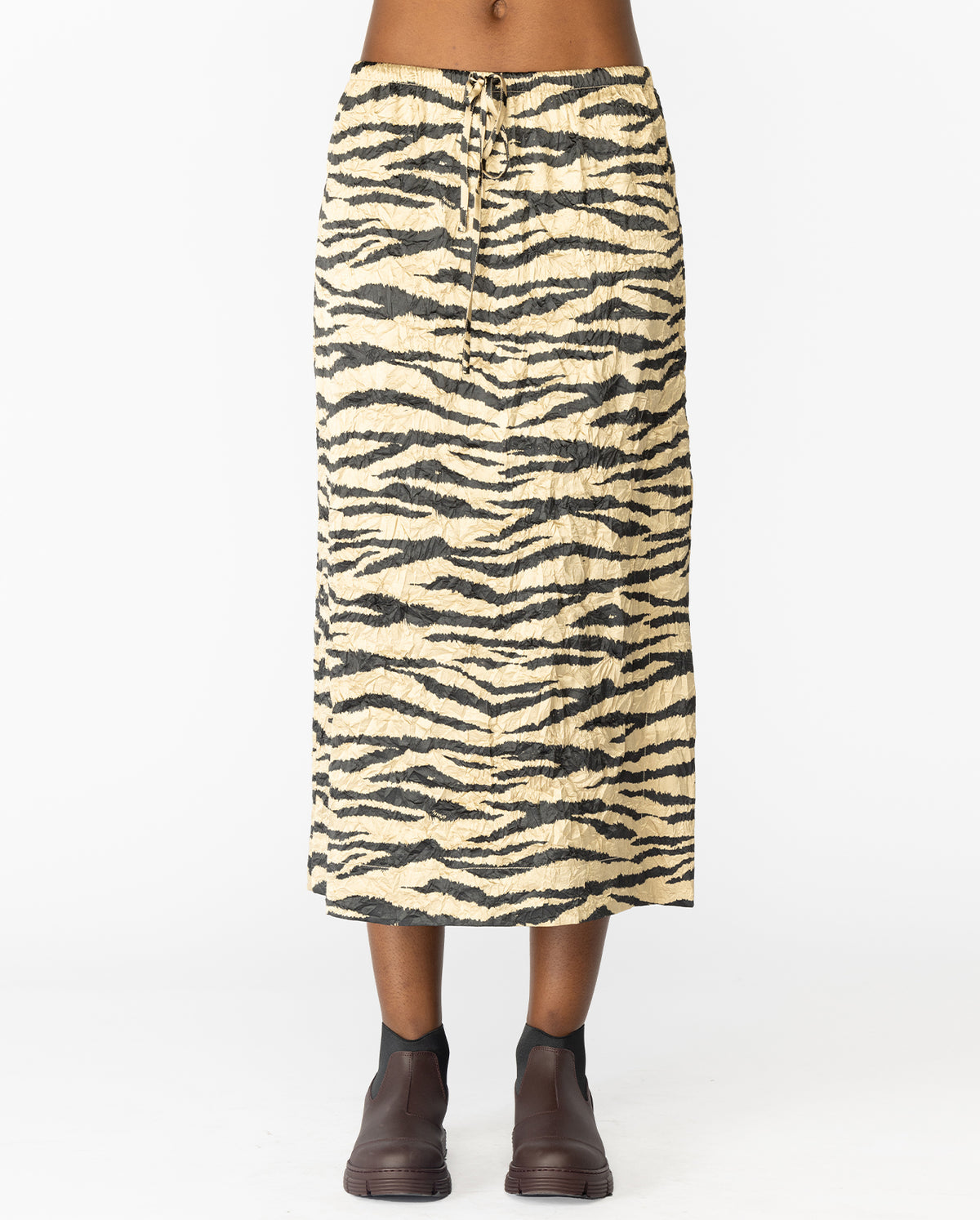 Crinkled Satin Elasticated Midi Skirt - Pale Khaki