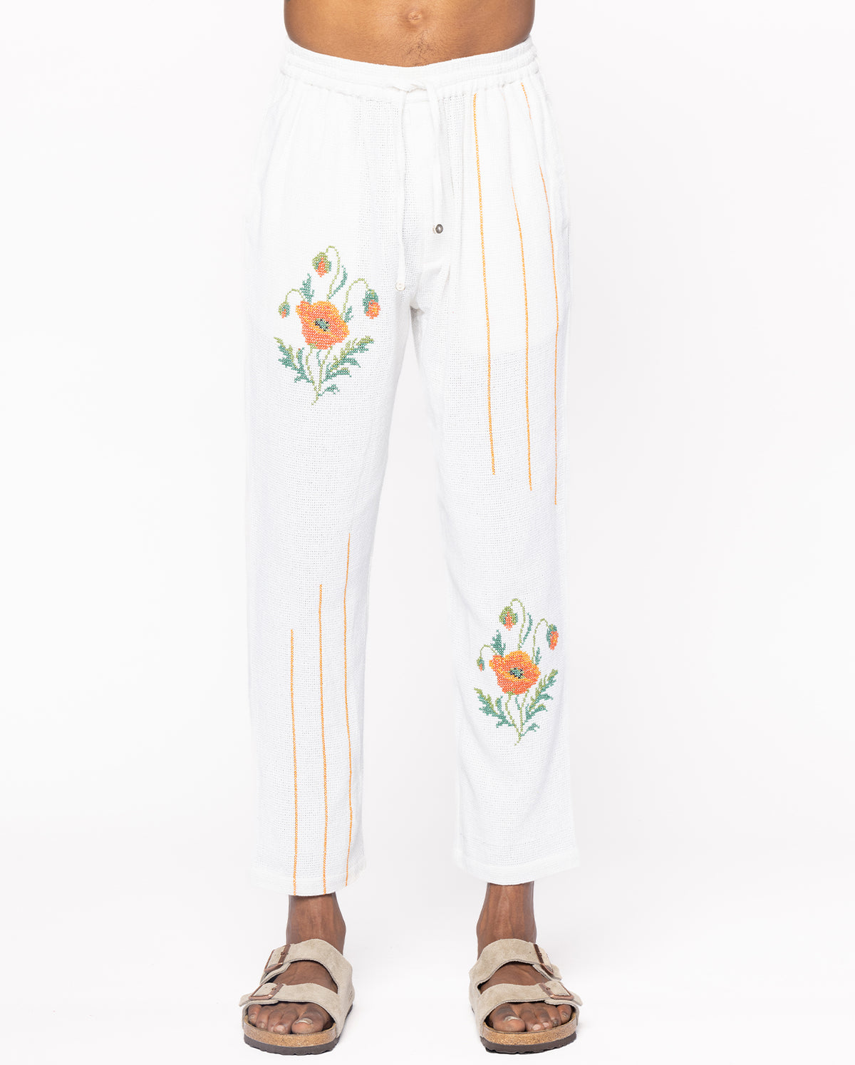 Cross Stitch Flower Pants - White