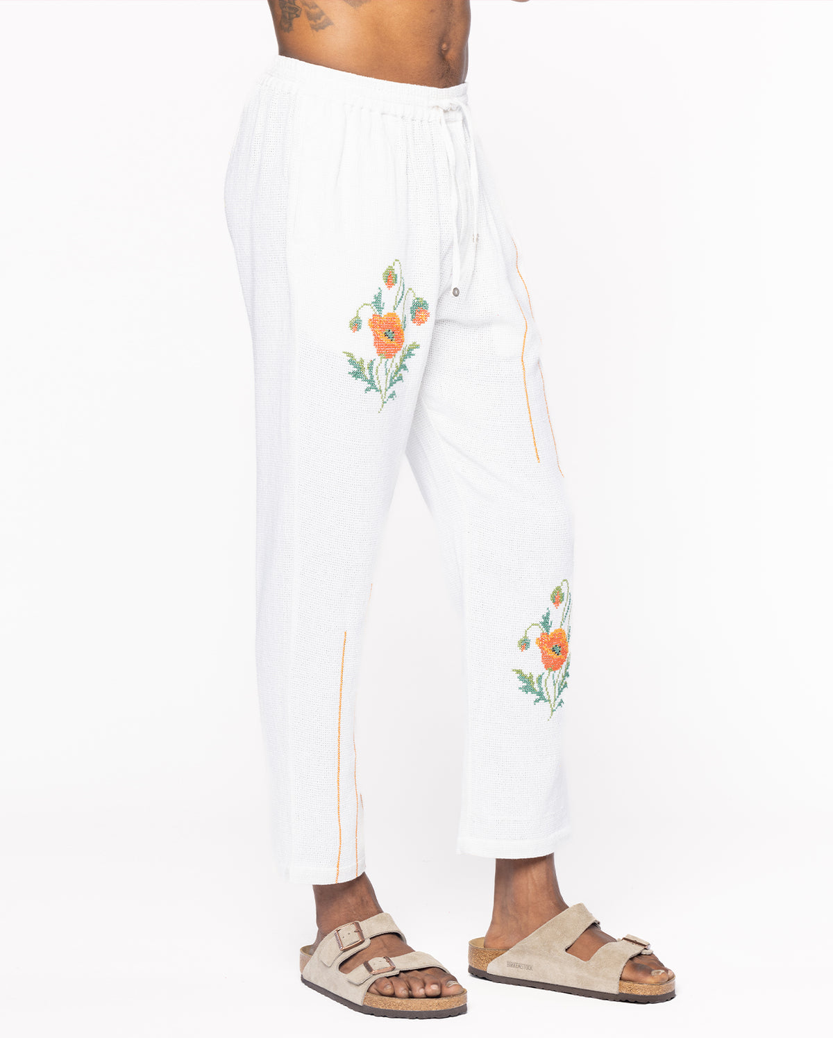 Cross Stitch Flower Pants - White