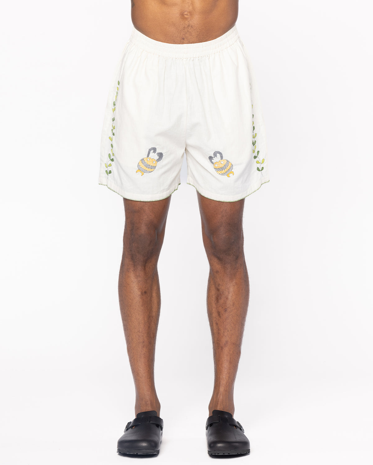 Kantha Embroidered Pull On Shorts - Off White