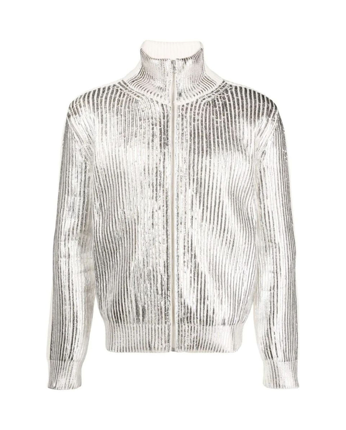 Foiled Zip Up Knit Jacket - Silver