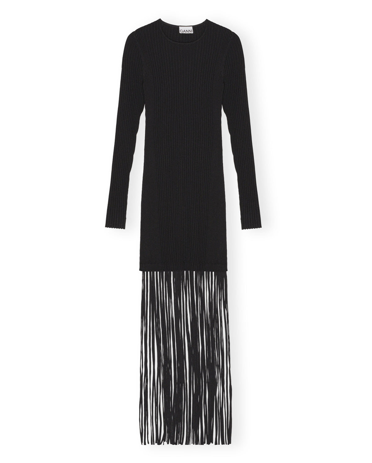 Melange Knit Fringe Mini Dress - Black