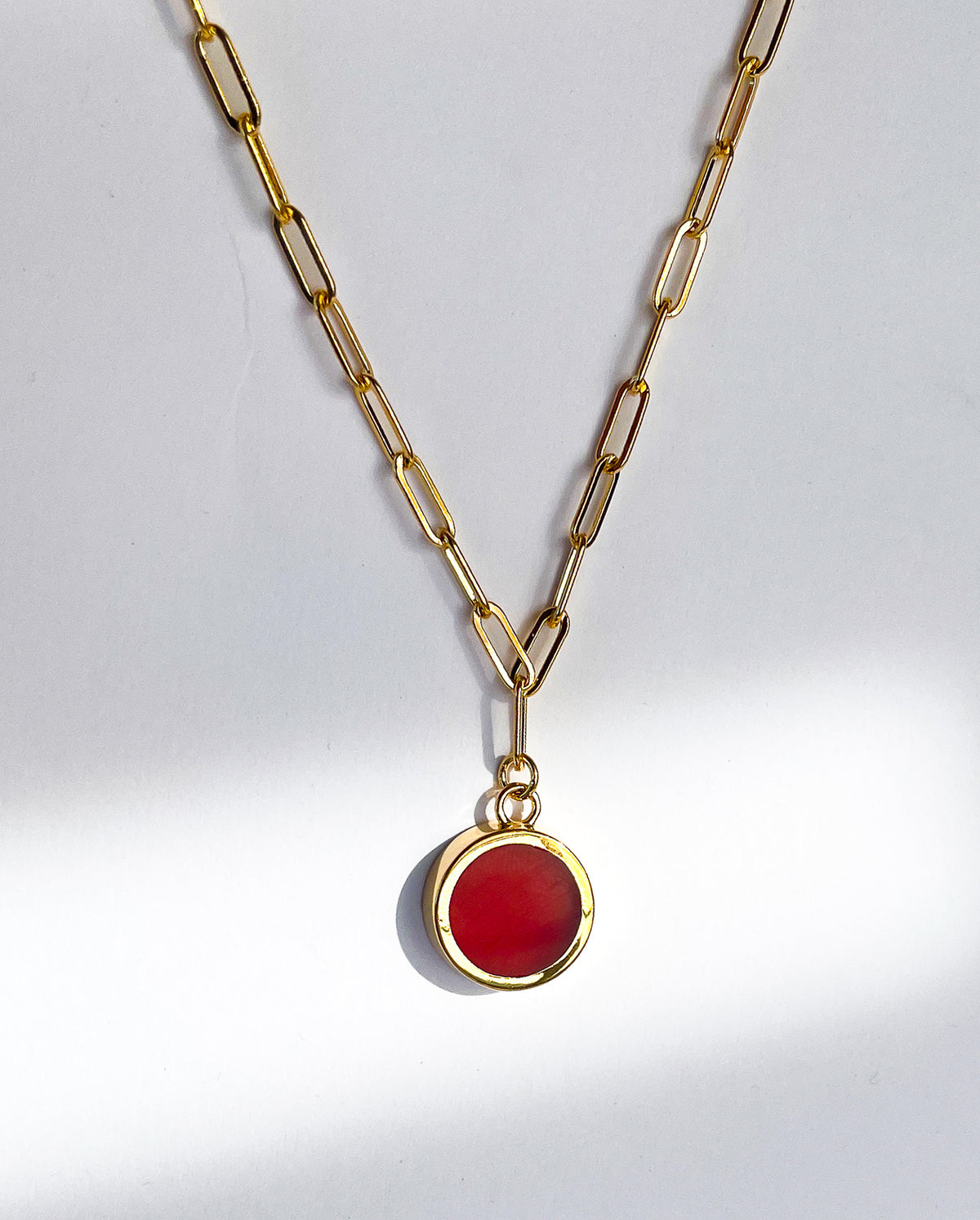 Round 14K Plated Carnelian Inlay Pendant Necklace