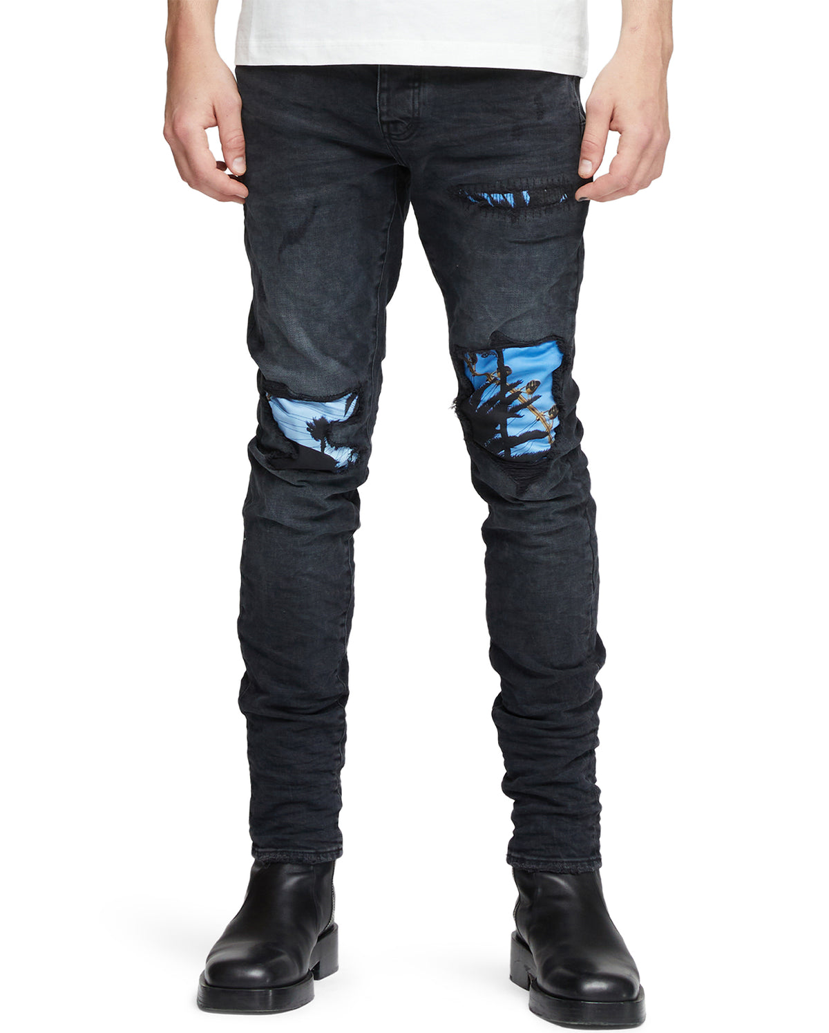 Skinny Jean With Blue Printed Knee Patch - Black
