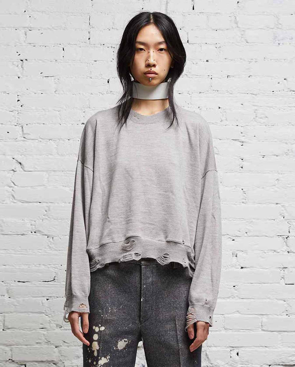 Distressed Oversized Pullover - Heather Grey
