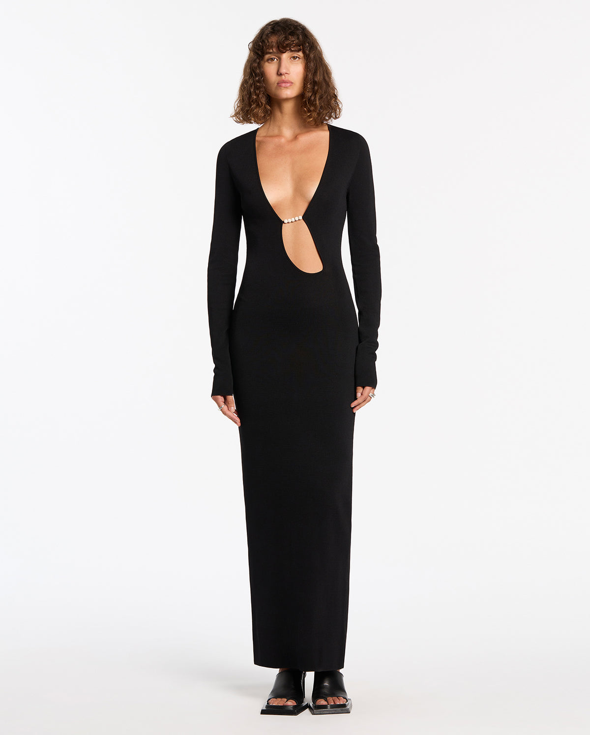 Kinetic Beaded Long Sleeve Midi Dress - Black