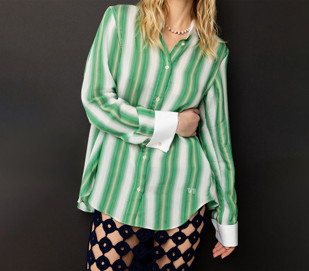 Green and white vertical stripped button down