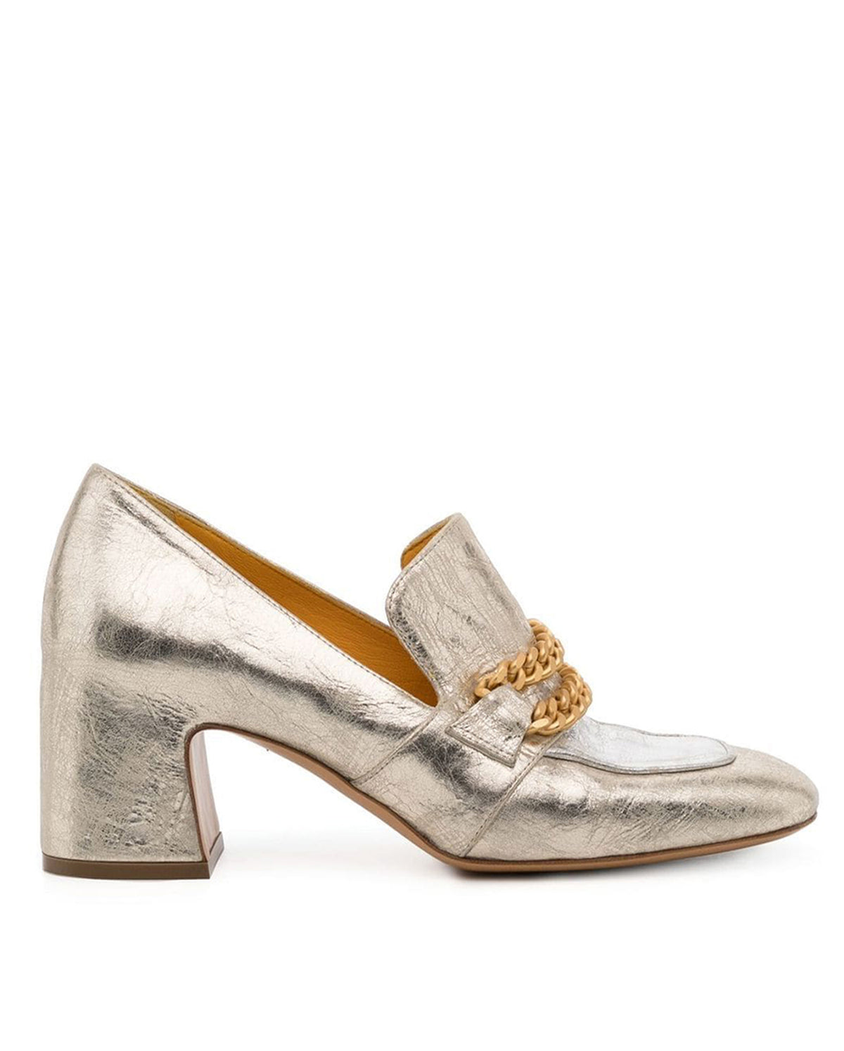 Silver Mid Heel Loafer With Chain