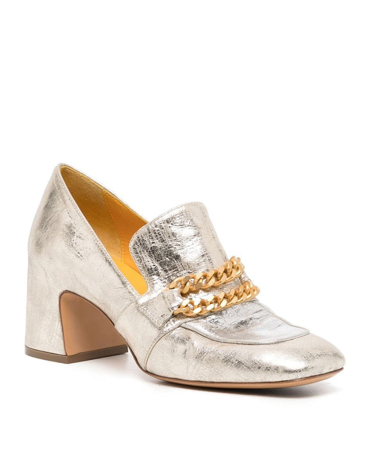 Silver Mid Heel Loafer With Chain