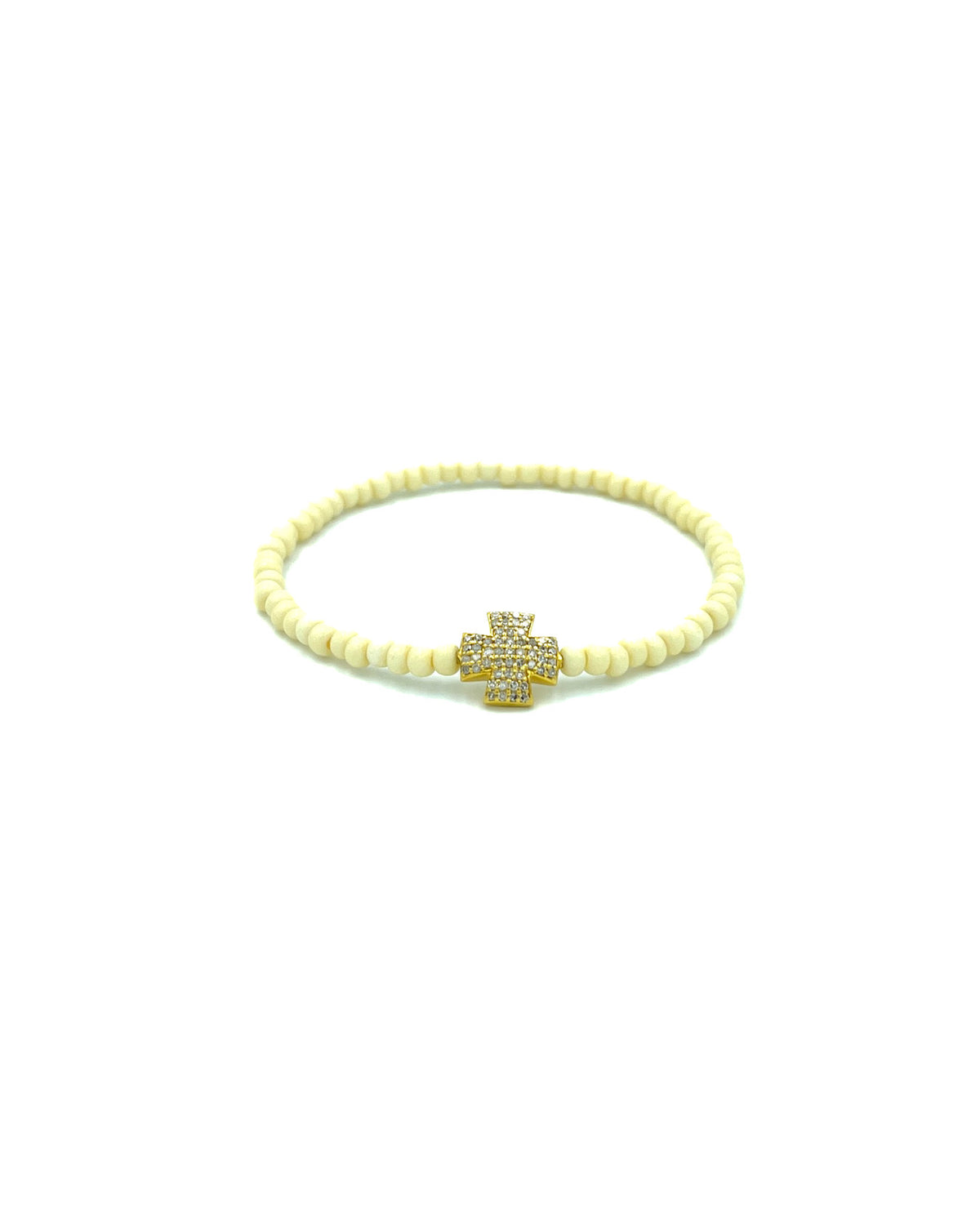 Large Gold Diamond Cross Beaded Bracelet - Cream